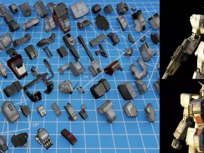 100 mech kitbash for  mech-robot Low-poly 3D model
