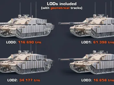  Rigged Tank Challenger 2 GameReady LODs 