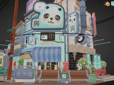 Stylized Japanese Street Corner - Texture Baked Low-poly 3D model