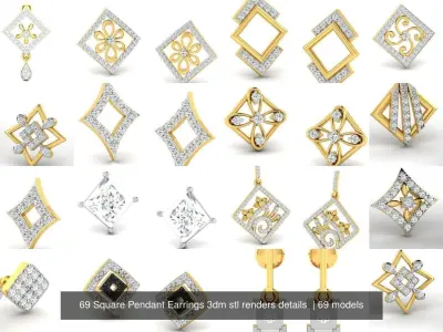 69 Square Pendant Earrings 3dm stl renders details  3D Model Pack