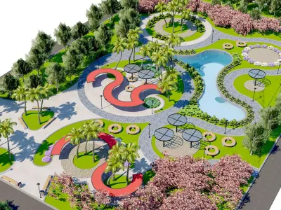 Modern Urban Park and Public Square 3D Model Low-poly 3D model