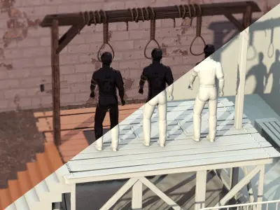 Corded three men hanging from wooden platform 3D model
