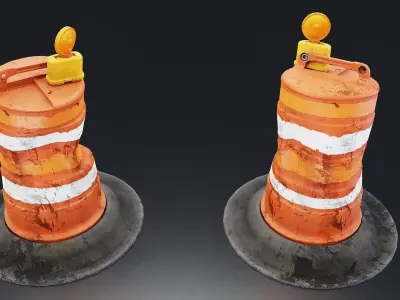 Weathered Road Construction Barrel with Warning Light Low-poly 3D model