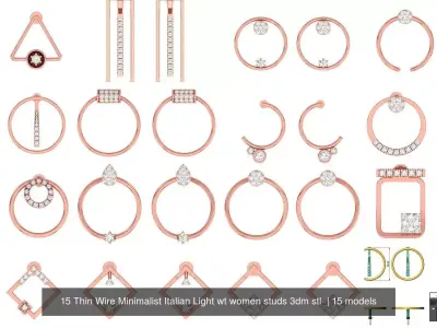 15 Thin Wire Minimalist Italian Light wt women studs 3dm stl  3D Model Pack