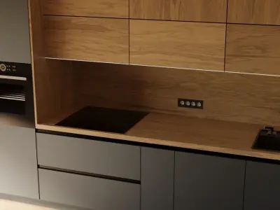 DarkKitchen kitchen with cabinets and wooden floor 3D model