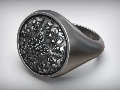 Rococo Floral Ornament Signet Circle Ring 3D print model