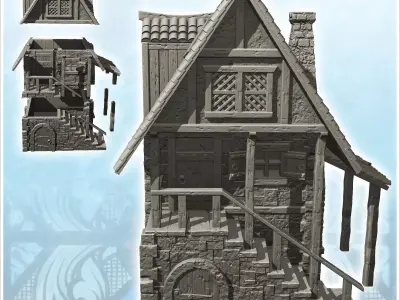 Medieval house with tiled roof and large staircase and canopy 6  3D print model