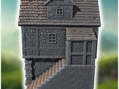 Elevated medieval house with stone steps wooden beams and large  3D print model