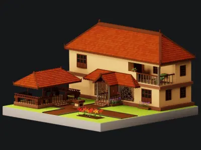 Simple Low Poly Isometric Traditional Indian House 3D Model Low-poly 3D model