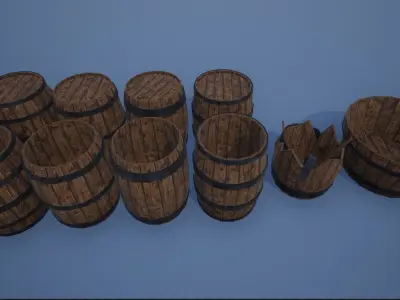 Wooden Barrels and Bathtub-bowl Low-poly 3D model