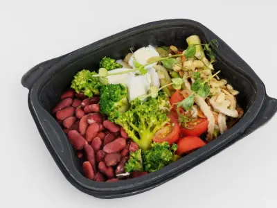 Poke bowl lunch box broccoli arugula quail eggs asparagus beans 3D model