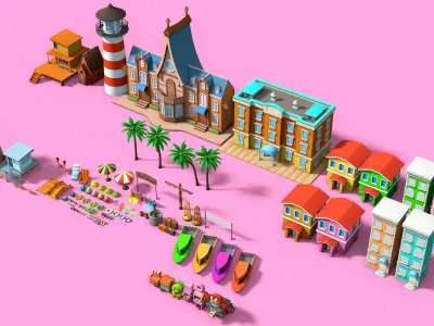 Hyper Casual Game Beach Environment Assets Low-poly 3D model