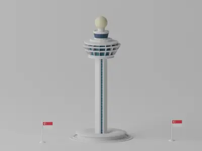 Cartoon Singapore Changi Airport Control Tower Low-poly 3D model