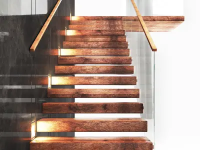 staircase02 wooden staircase with glass railings 3D model