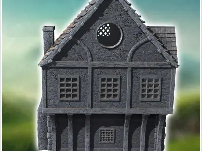 Medieval house with outdoor fireplace half-timbered walls and ac 3D print model