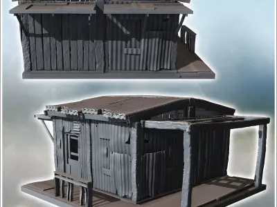 Small corrugated metal hut with damaged roof and wooden supports 3D print model