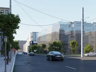 Street N city with cars and palm trees 3D model