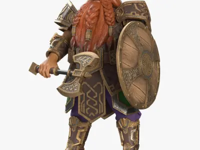  Dwarf Warrior with Axe and Shield Rigged 