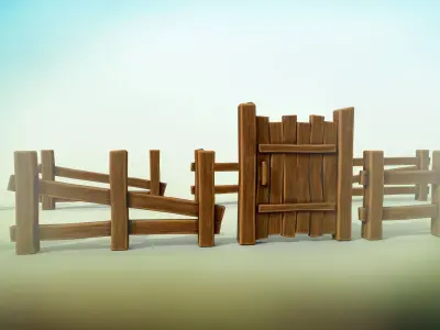 Stylized wooden fence of 10 sections PBR game ready Low-poly 3D model
