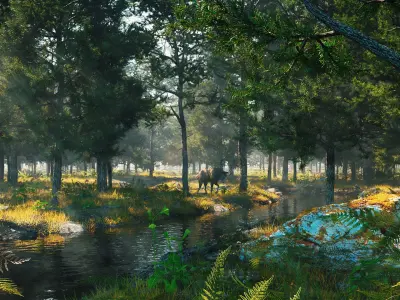  C4D Octane render Forest early morning tropical rainforest River elk scene 