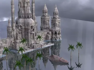 Pirate Aztec Treasure Island main temple with Fantasy shark 3D model