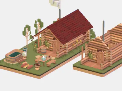 Isometric Russian Village Bathhouse Bath Accessories Low-poly 3D model