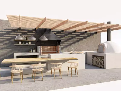 Outdoor Kitchen and Bar with Pergola Low-poly 3D model