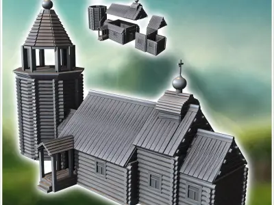 Orthodox Christian wooden church with entrance under a shelter w 3D print model