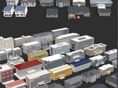Many buildings low poly with texture  Low-poly 3D model