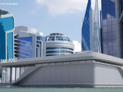  Air Port with Landing Pad and Futuristic Urban Flying Car Rigged 