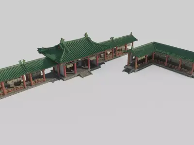 Ancient Asian architectural gatehouses and corridors 3D model