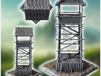 Medieval wooden post on platform with guard post at height 38 -  3D print model