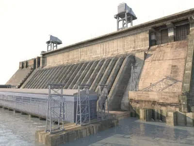 Hydroelectric power station Low-poly 3D model