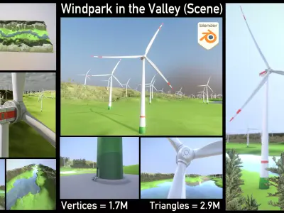Windpark in the Valley Scene Low-poly 3D model