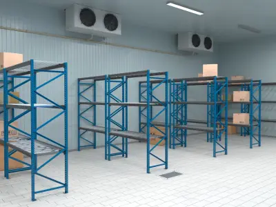  Cold Logistics Zone with Steel Shelves and Blue Wall Door 