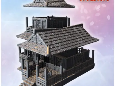 Two-story wooden house with large porch tiled roof and decorativ 3D print model