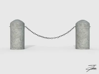 Bollards four concrete posts with chains Low-poly 3D model