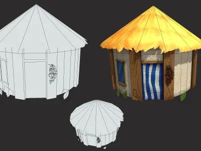 Low poly tropical handpainted hut - cartoon stylized cabin  Low-poly 3D model