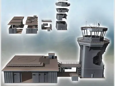 Airport building with damaged control tower and large aircraft h 3D print model purchase