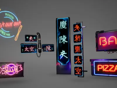 Cyberpunk Sushi Pizza Restaurant Interior Pack BillBoards  Low-poly 3D model