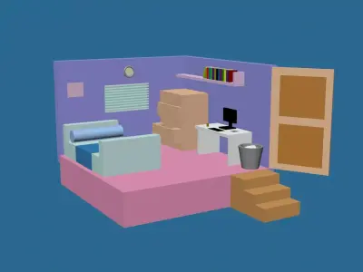 Low Poly Room with bed and desk Low-poly 3D model