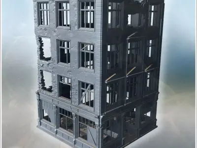 Four-story building with broken windows damaged facade and debri 3D print model
