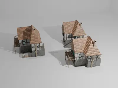 3 European style rural houses Low-poly 3D model