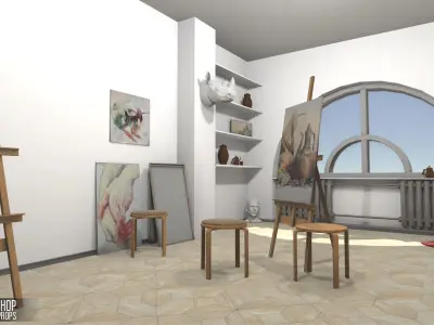 Art workshop - interior and props Low-poly 3D model