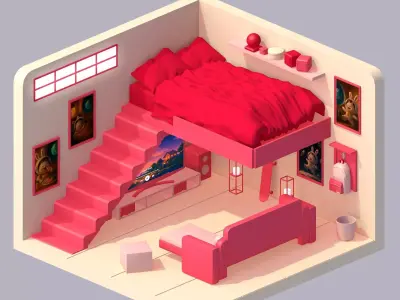 Stylized Loft Bedroom Animated Scene Low-poly 3D model