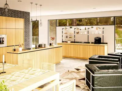 Modern kitchen and living room interior and exterior 3D model