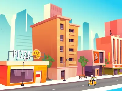 Pizza delivery boy scene city lowpoly pack Low-poly 3D model