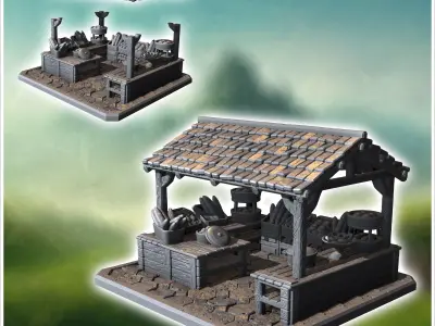 Rustic market stall with baskets barrels and a tiled roof displa 3D print model