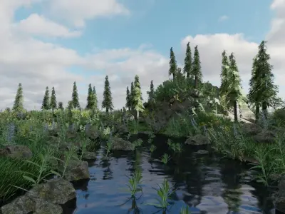 Scene grassy area with stream and trees 3D model