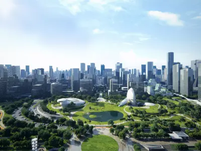 Futuristic City Park with Sculptural Cultural Pavilions 3D model